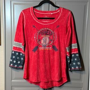 Panhandle Women's Americana Pioneer Trading Acid Wash 3/4 Sleeve Top,Red Blue, L